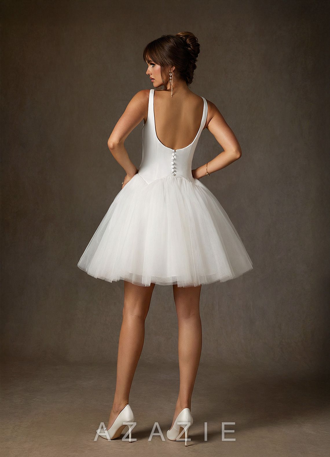 Azazie Annora Diamond White A-Line Square Neckline Tulle Dress diamond_white