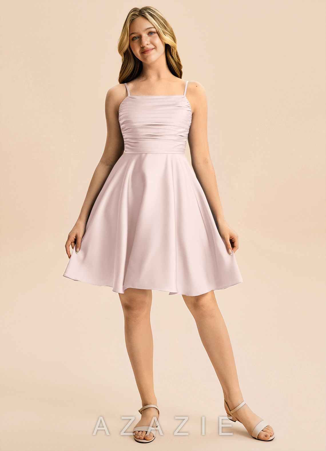 Azazie Miko Junior Blushing Pink A-Line Pleated Stretch Satin Dress blushing_pink