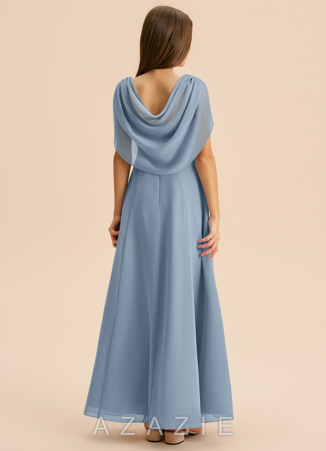 Azazie Lambie Junior Dusty Blue A-Line Pleated Chiffon Dress dusty_blue
