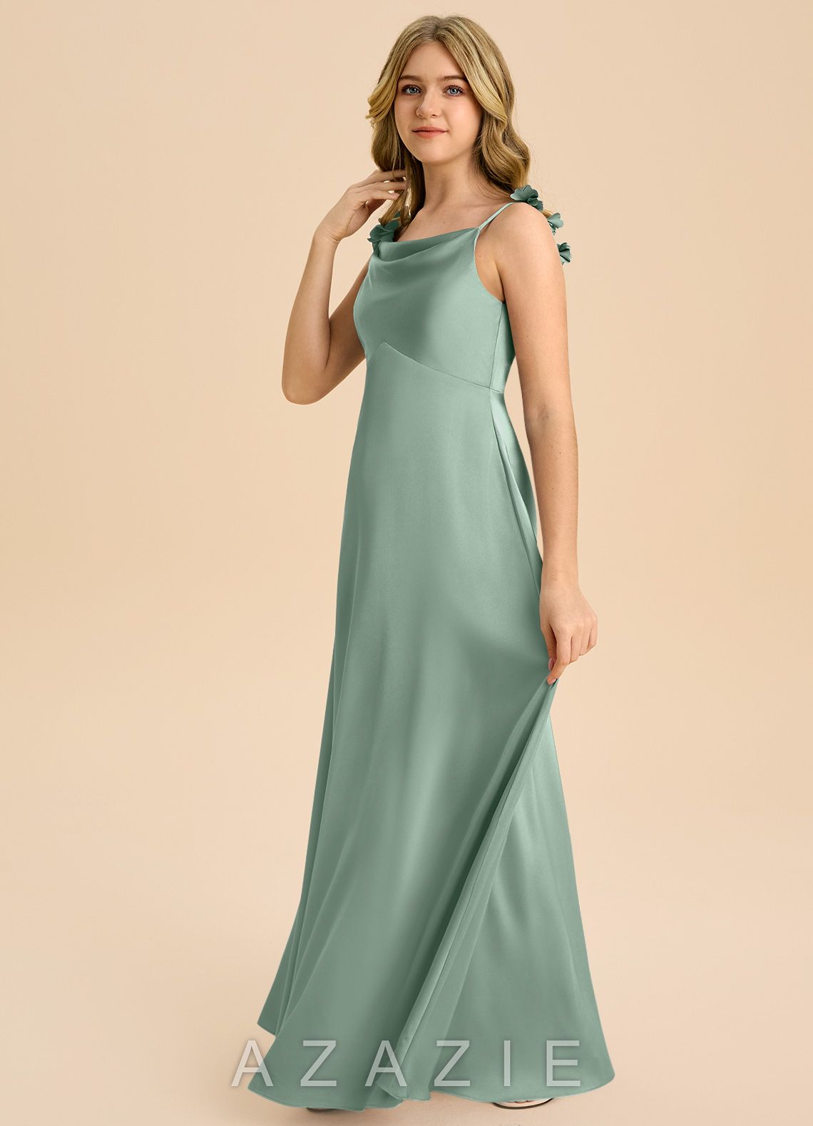 Azazie Gumdrop Junior Agave Empire Pleated Stretch Satin Dress agave