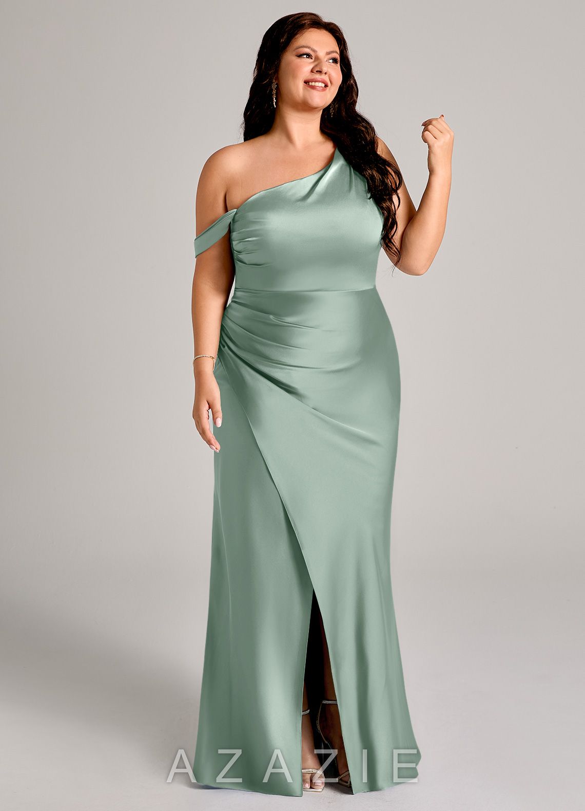 Azazie Madelyn Agave Mermaid One Shoulder Stretch Satin Convertible Dress agave