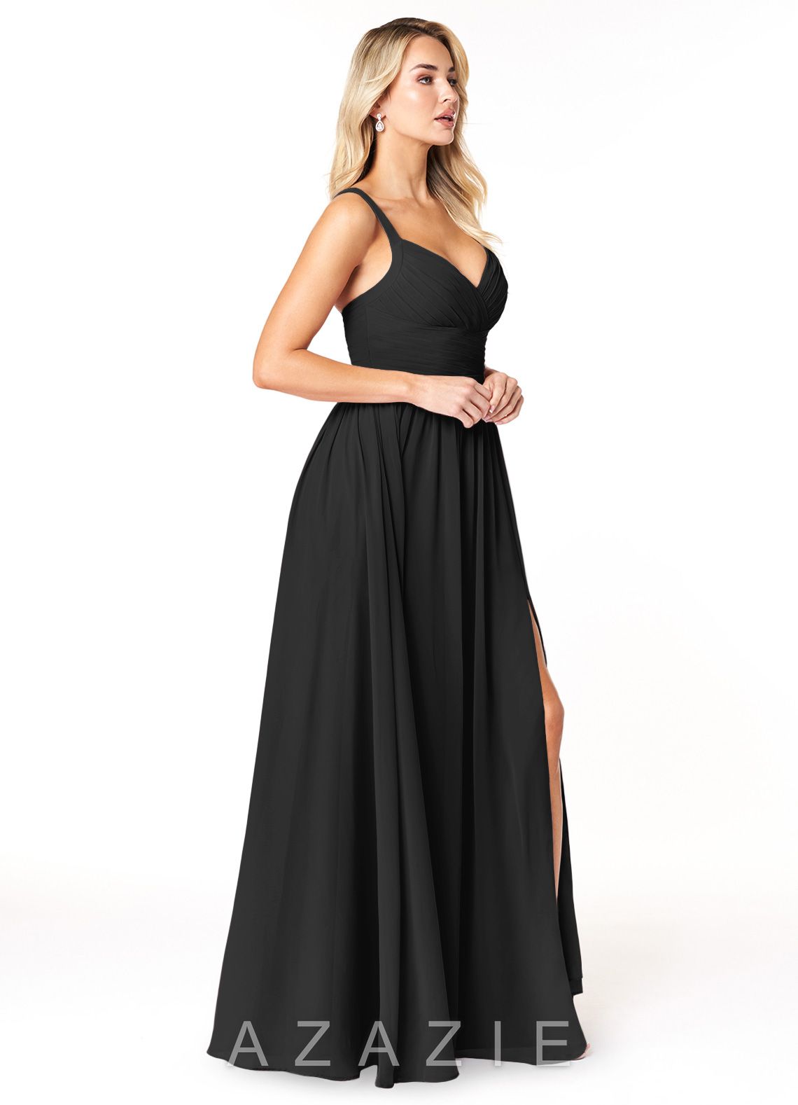 Azazie Chanel Black A-Line Pleated Chiffon Dress black