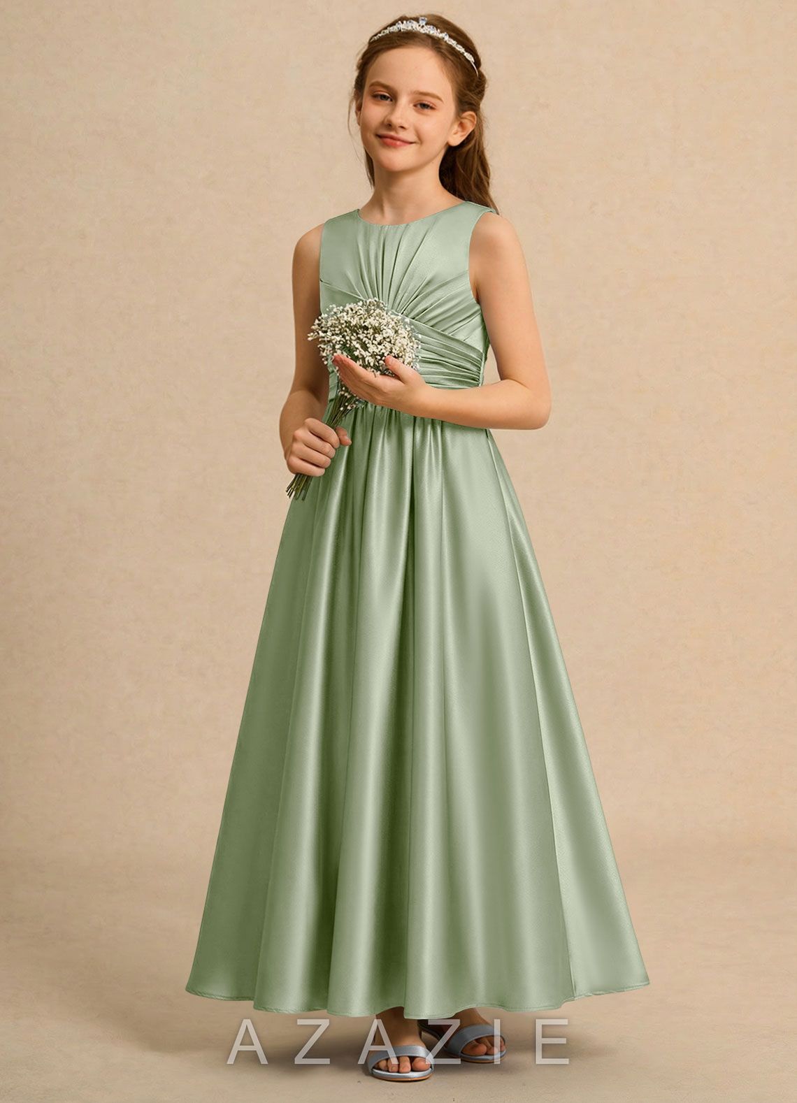 Azazie Ducky Girls Formal Dusty Sage A-Line Pleated Stretch Satin Dress dusty_sage