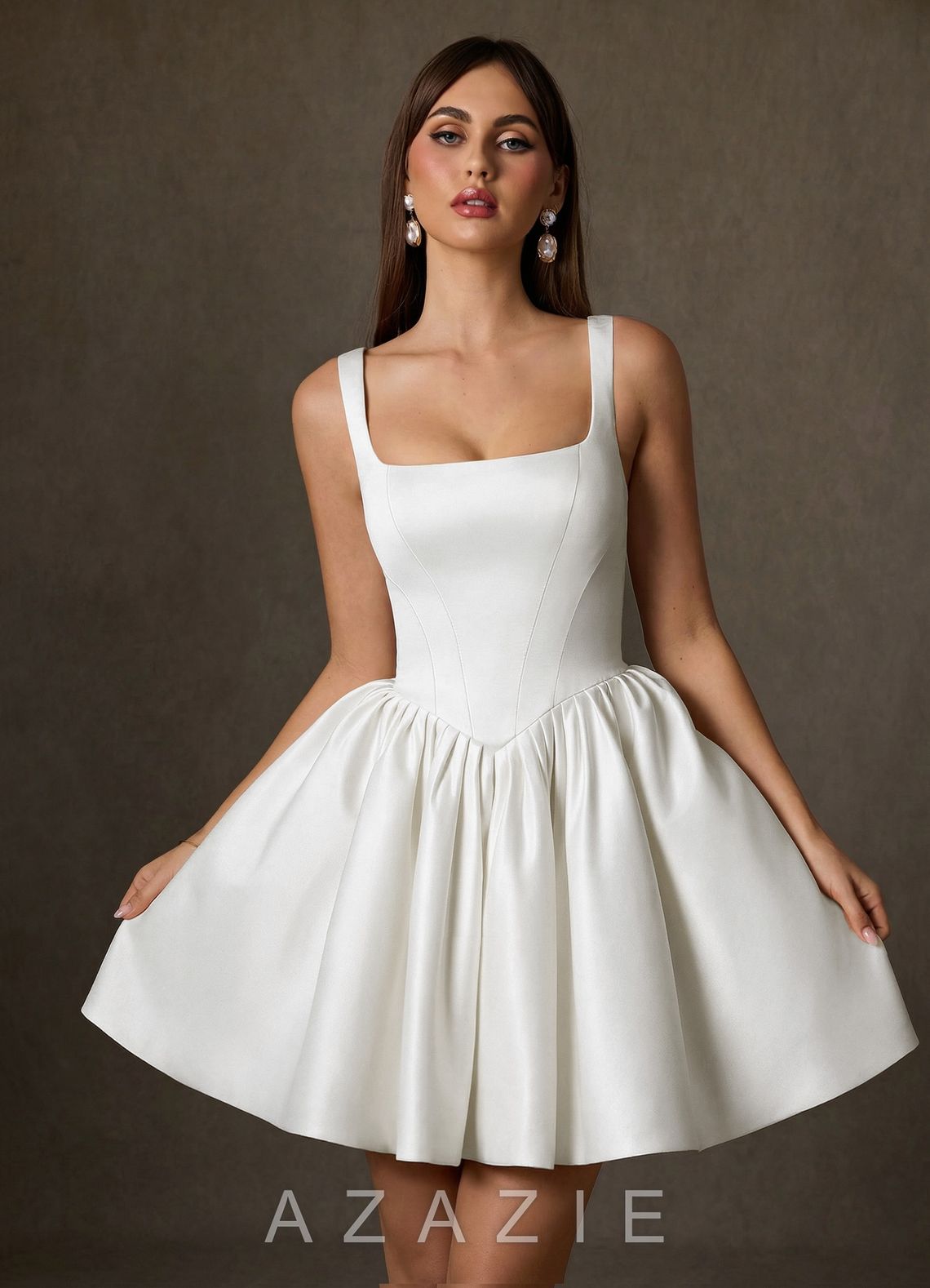 Azazie Saverina Diamond White A-Line with Pockets Satin Dress diamond_white