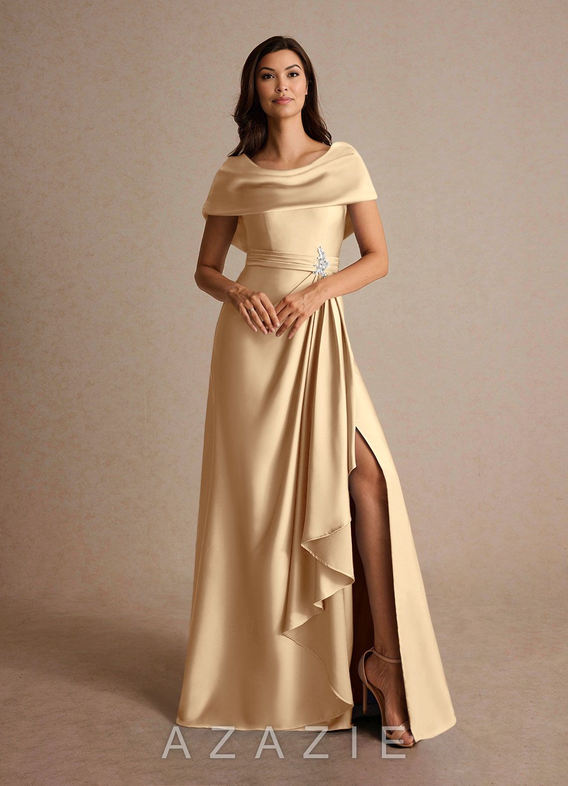 Azazie Branford Champagne A-Line Pleated Stretch Satin Dress champagne