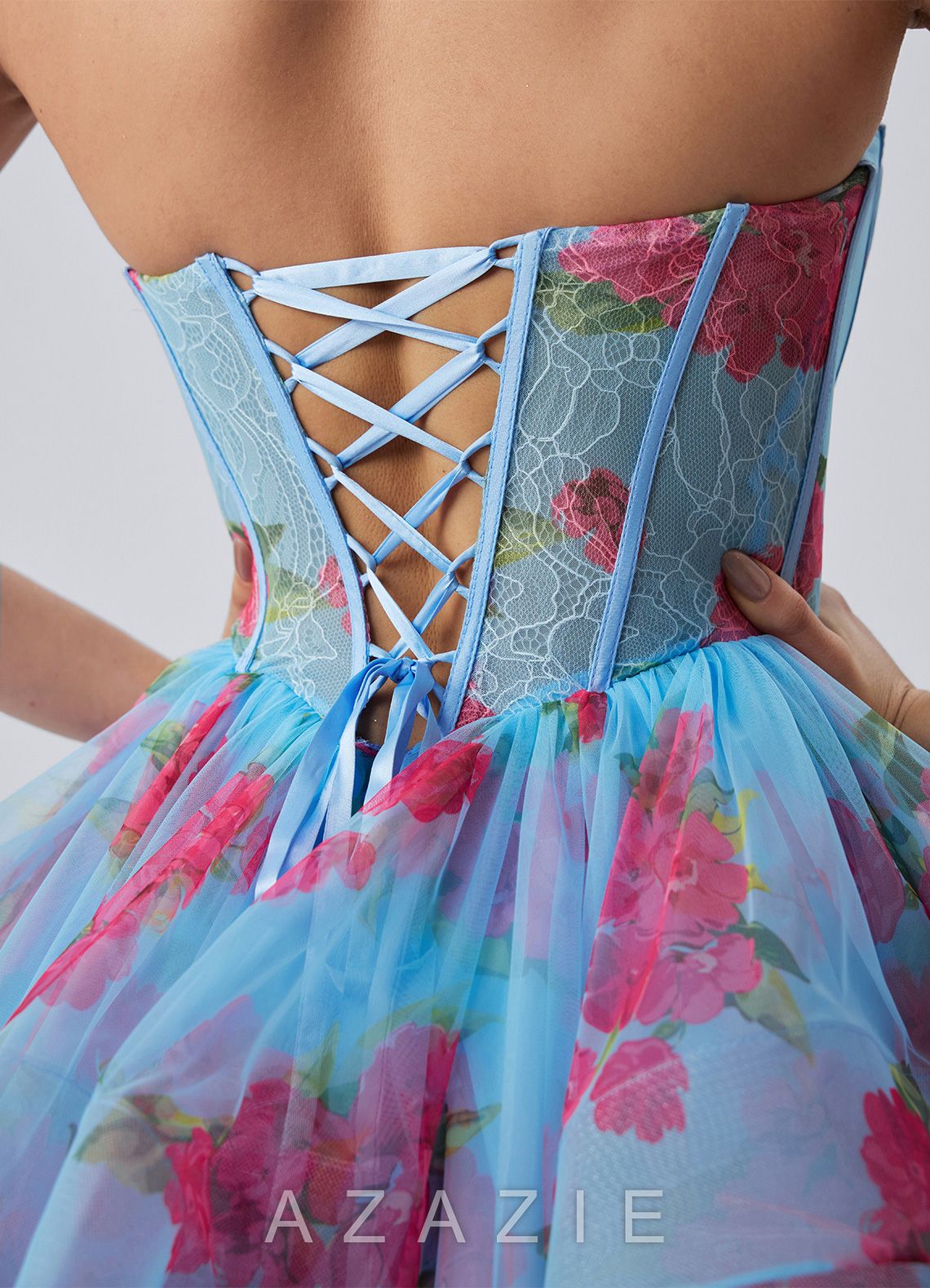Reliau Blue Lace Print Tulle Corset A Line Lace-Up Mini Dress