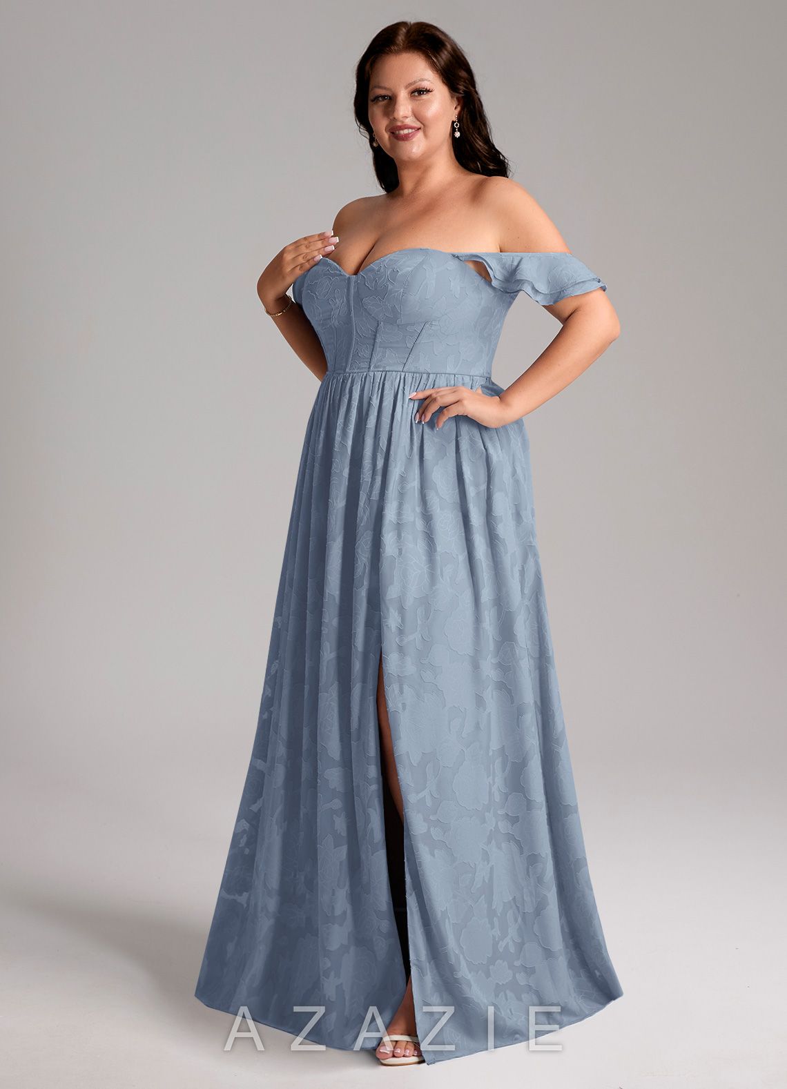 Azazie Denisse Dusty Blue A-Line Ruched Floral Burnout Dress dusty_blue