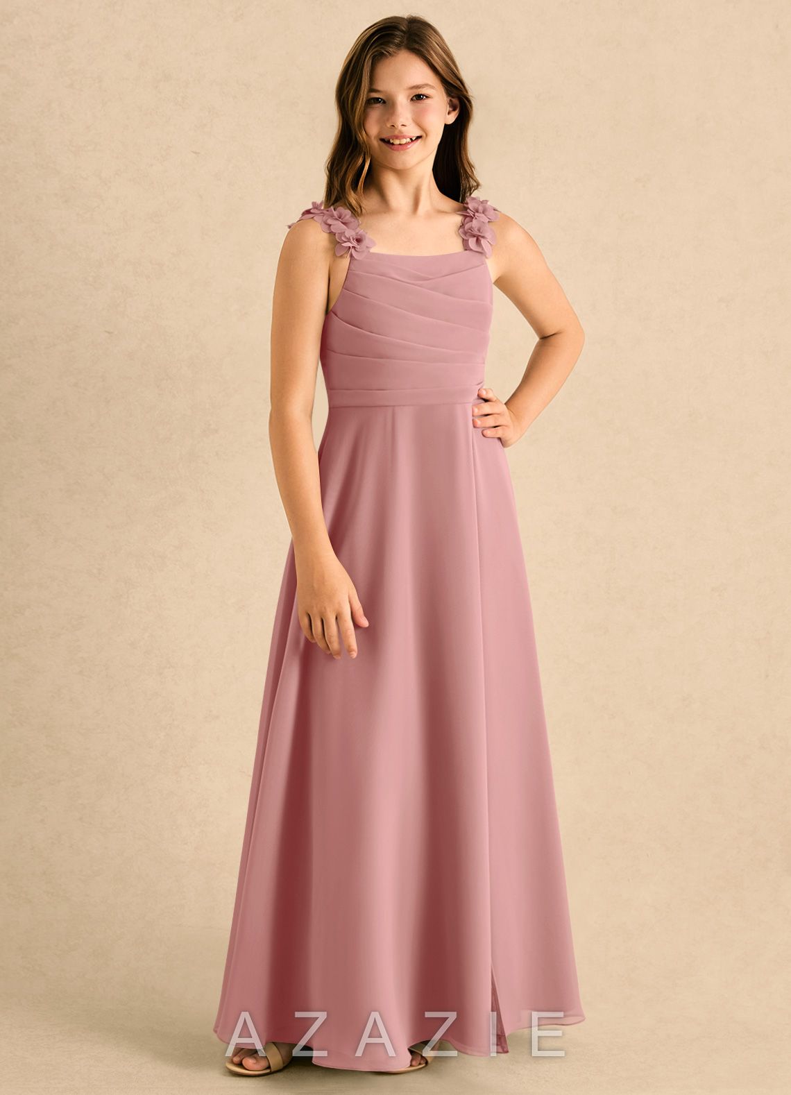 Azazie Masie Girls Formal Dusty Rose A-Line Pleated Chiffon Dress dusty_rose