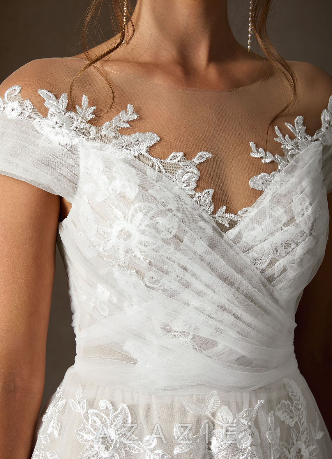 Azazie Cindy Wedding Dress Diamond White Champagne A-Line Illusion Off-The-Shouler Lace Tulle Dress diamond_white/champagne