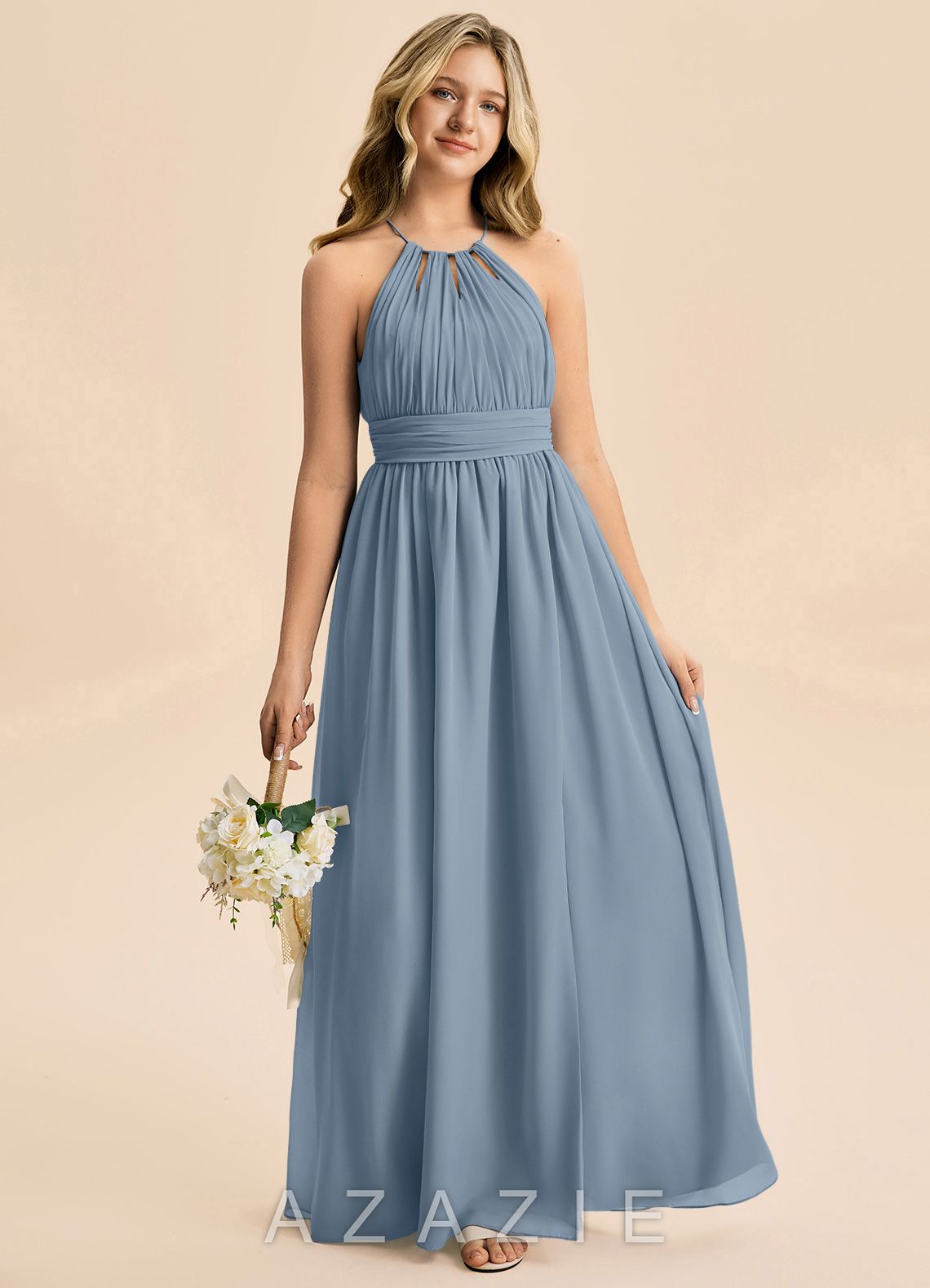 Azazie Noelle Junior Dusty Blue A-Line Pleated Chiffon Dress