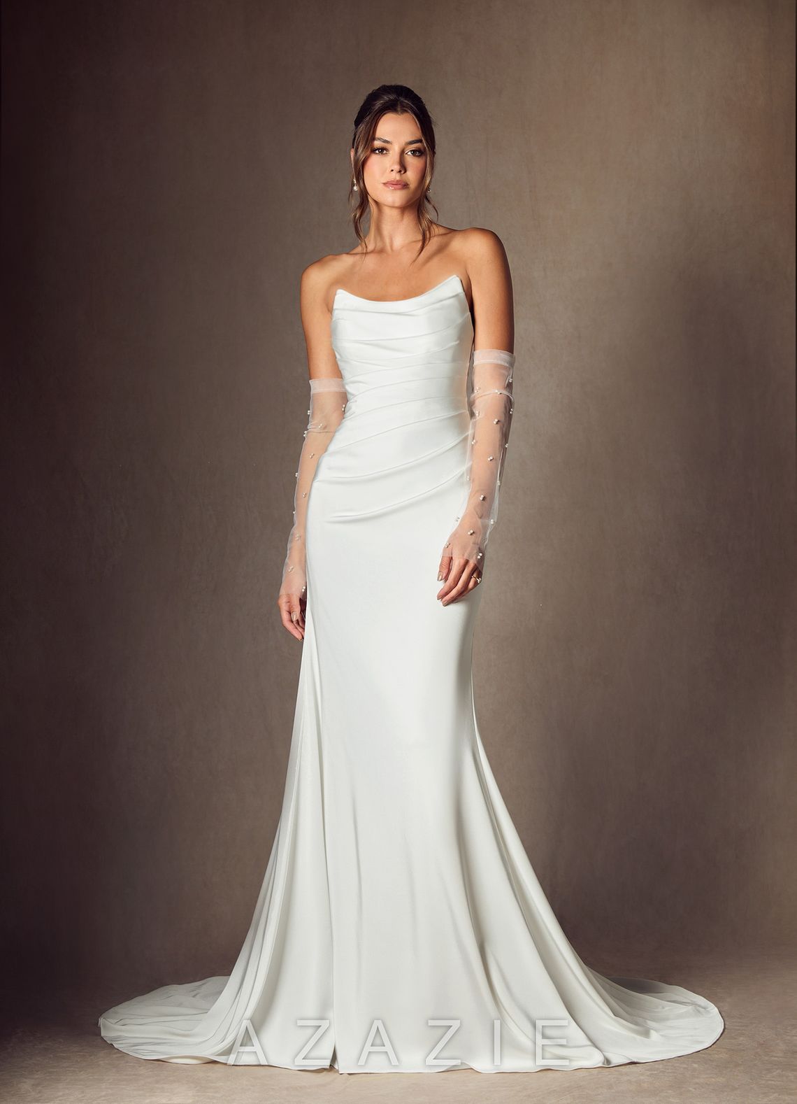 Azazie Elyse Diamond White Mermaid Strapless Crepe Back Satin Dress