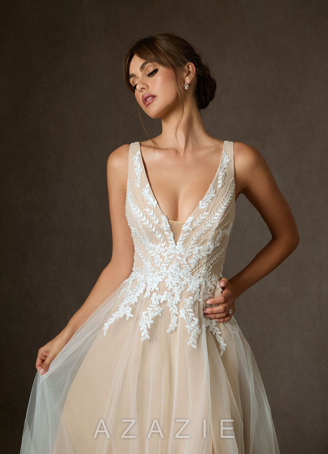 Azazie Goddess Wedding Dress Diamond White Champagne A-Line V-Neck Sequins Tulle Dress diamond_white/champagne