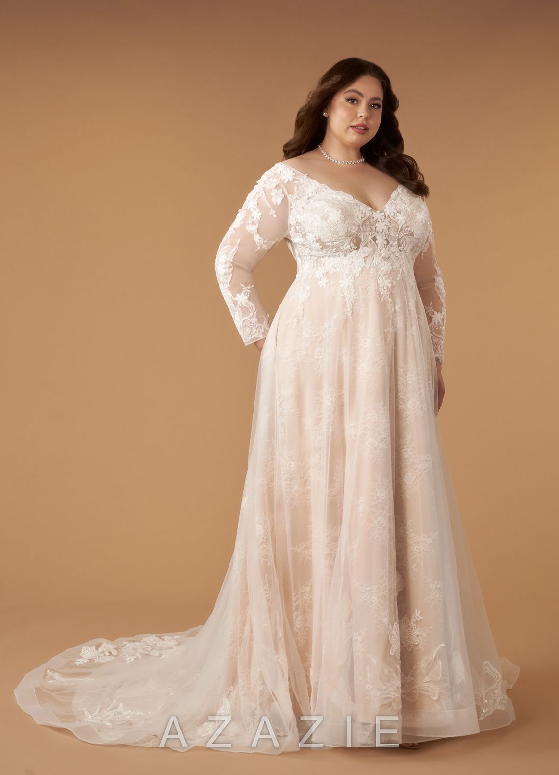 Azazie Leila Wedding Dress Diamond White Nude A-Line V-Neck Sequins Tulle Dress diamond_white/nude