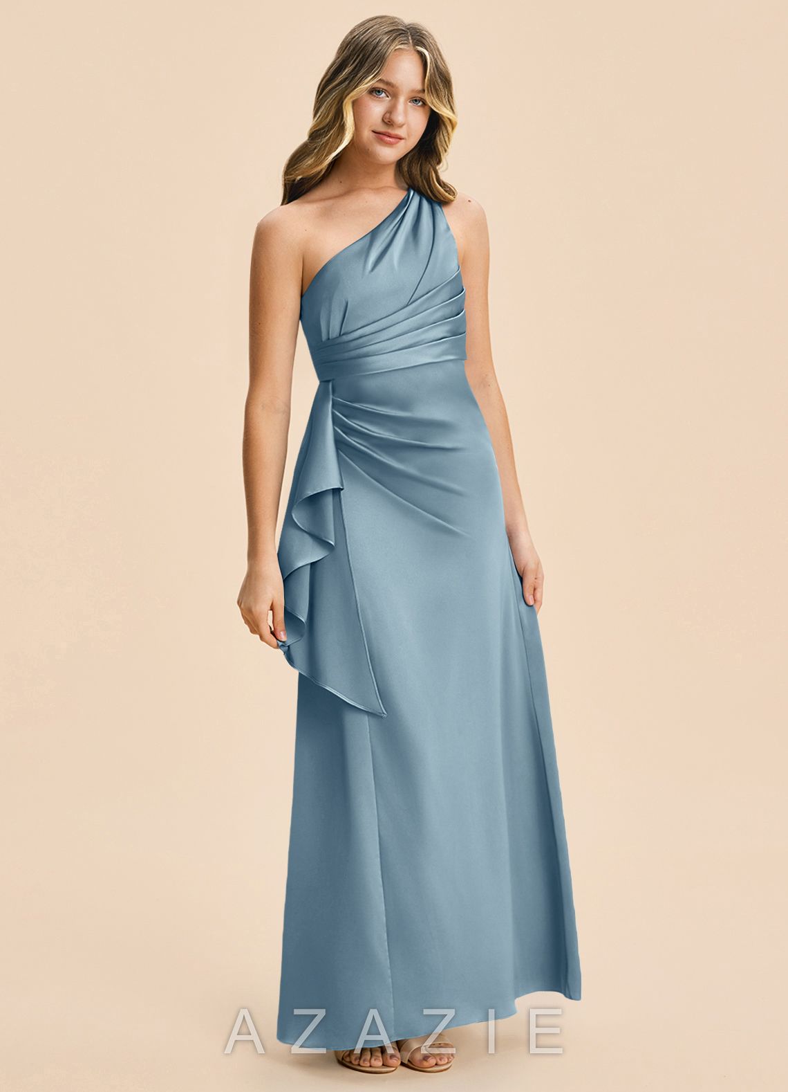 Azazie Kayden Junior Dusty Blue Sheath Ruched Stretch Satin Dress dusty_blue