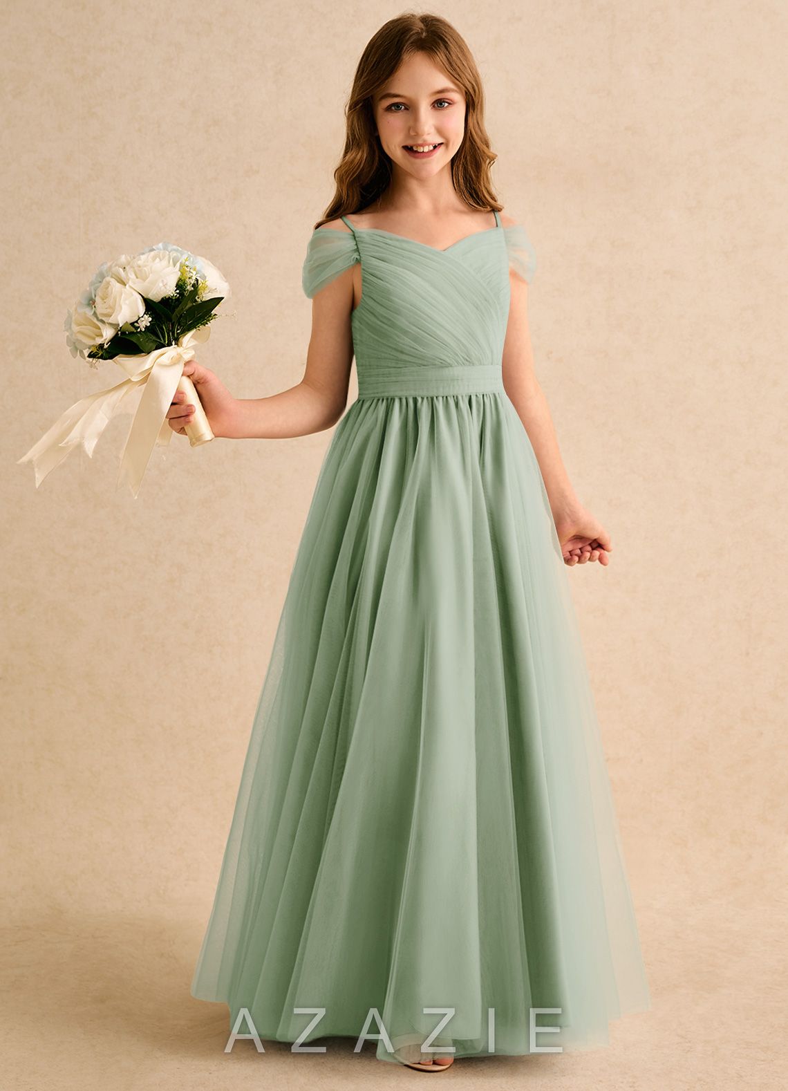 Azazie Yuna Girls Formal Dusty Sage A-Line Off the Shoulder Tulle Dress