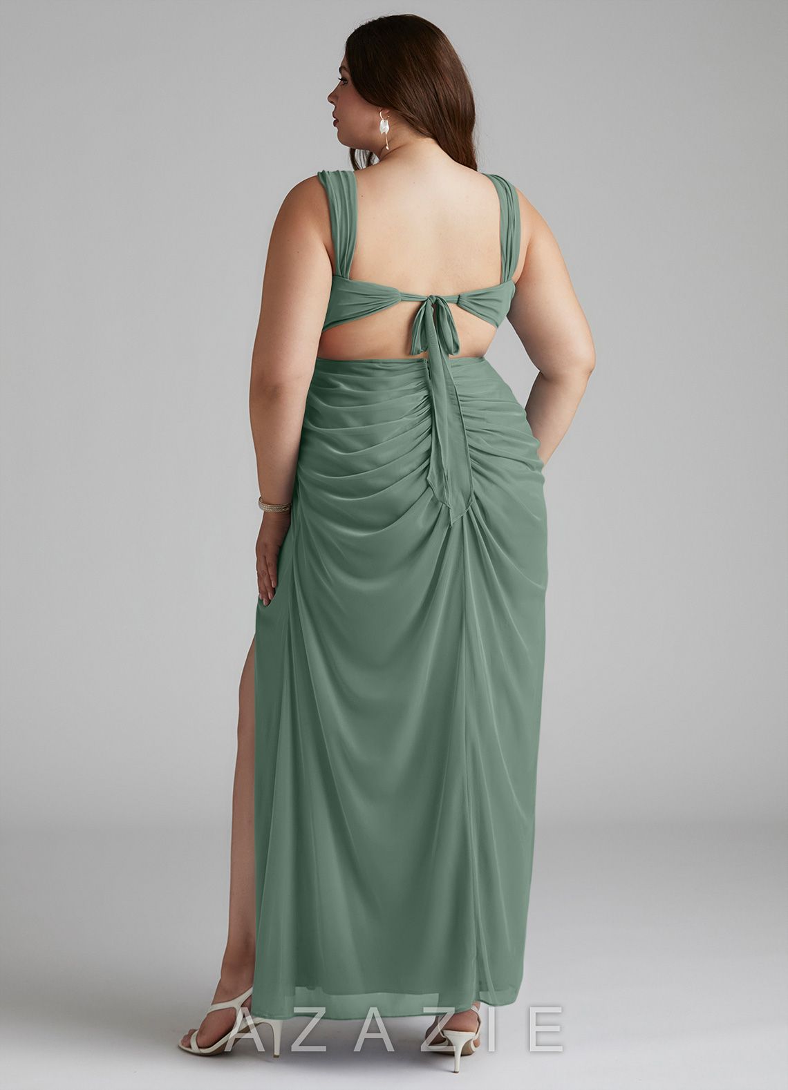 Azazie Jesaphine Eucalyptus Sheath Ruched Mesh Dress eucalyptus