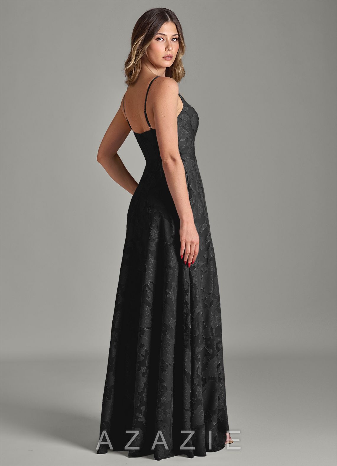 Azazie Amani Black A-Line Pleated Floral Burnout Dress black