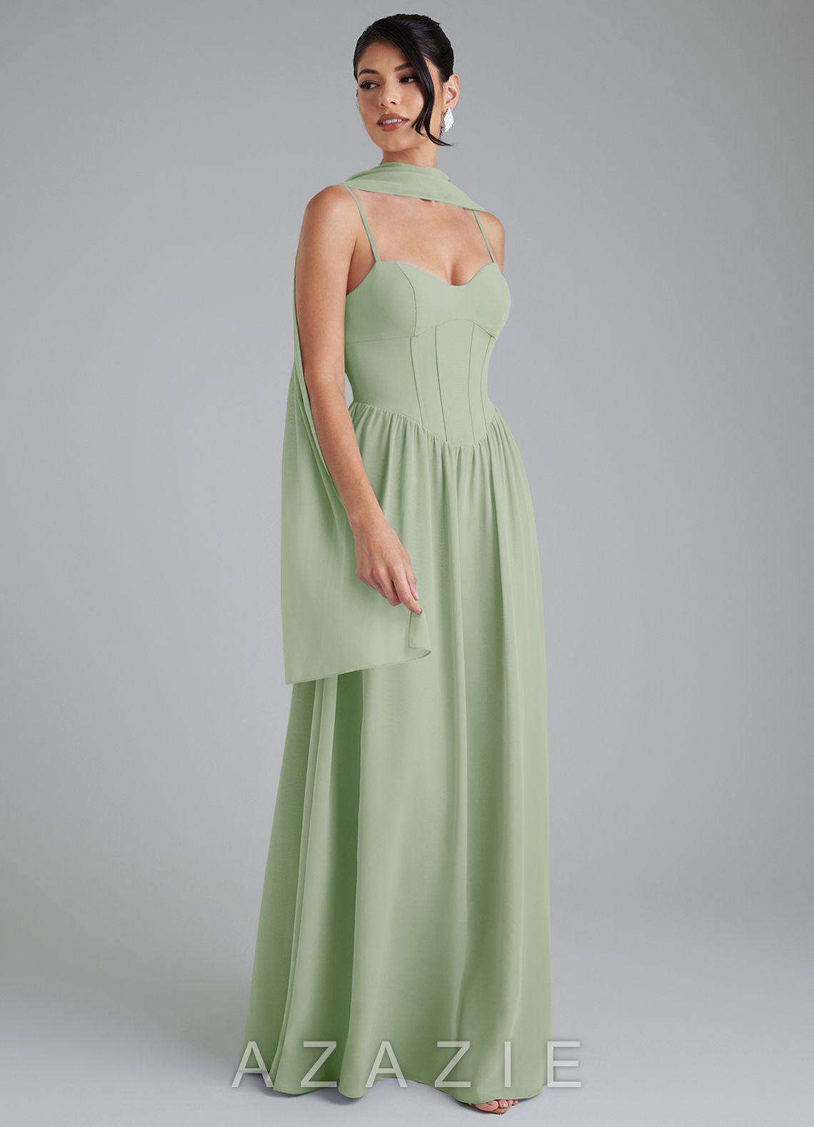 Azazie Alisha Dusty Sage A-Line Corset Chiffon Dress