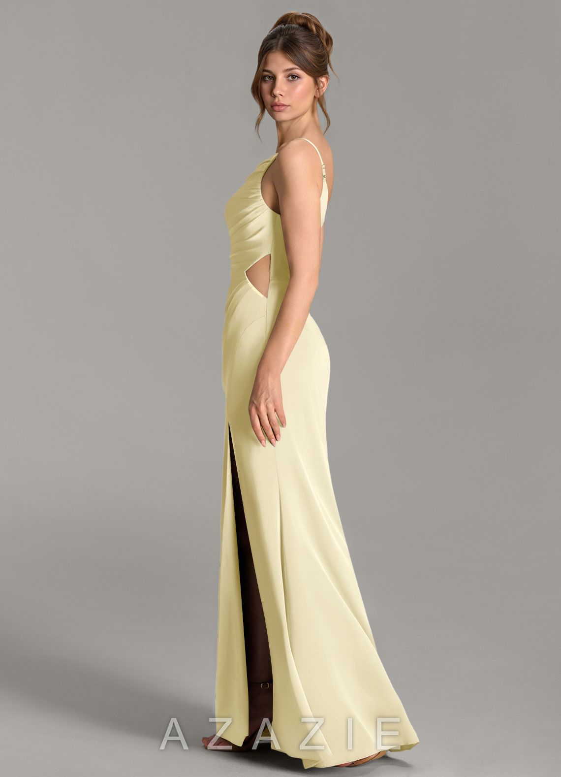 Azazie Hudsyn Lemon Sorbet Mermaid One Shoulder Stretch Satin Dress lemon_sorbet