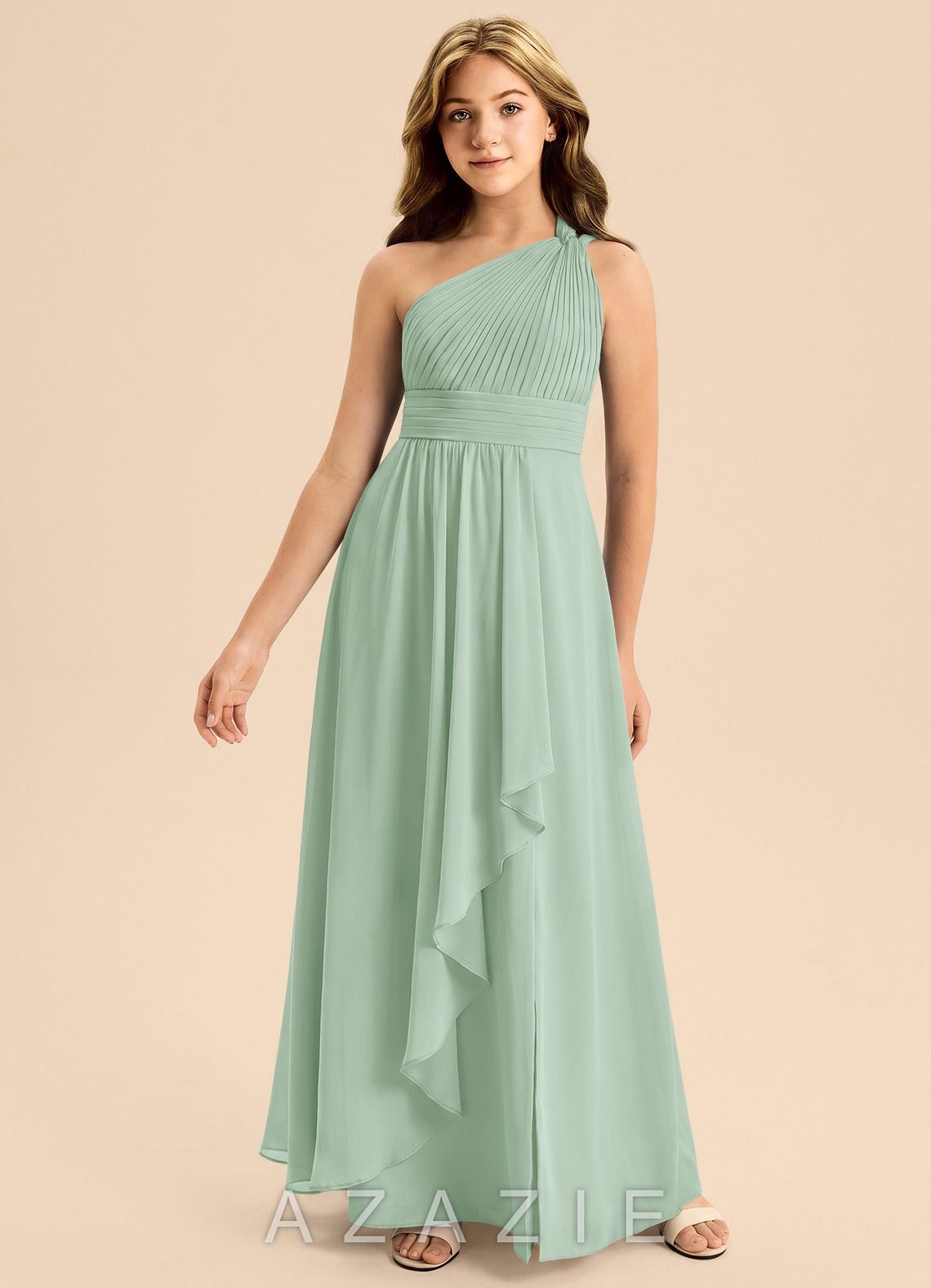 Azazie Skye Junior Agave A-Line Pleated Chiffon Dress agave