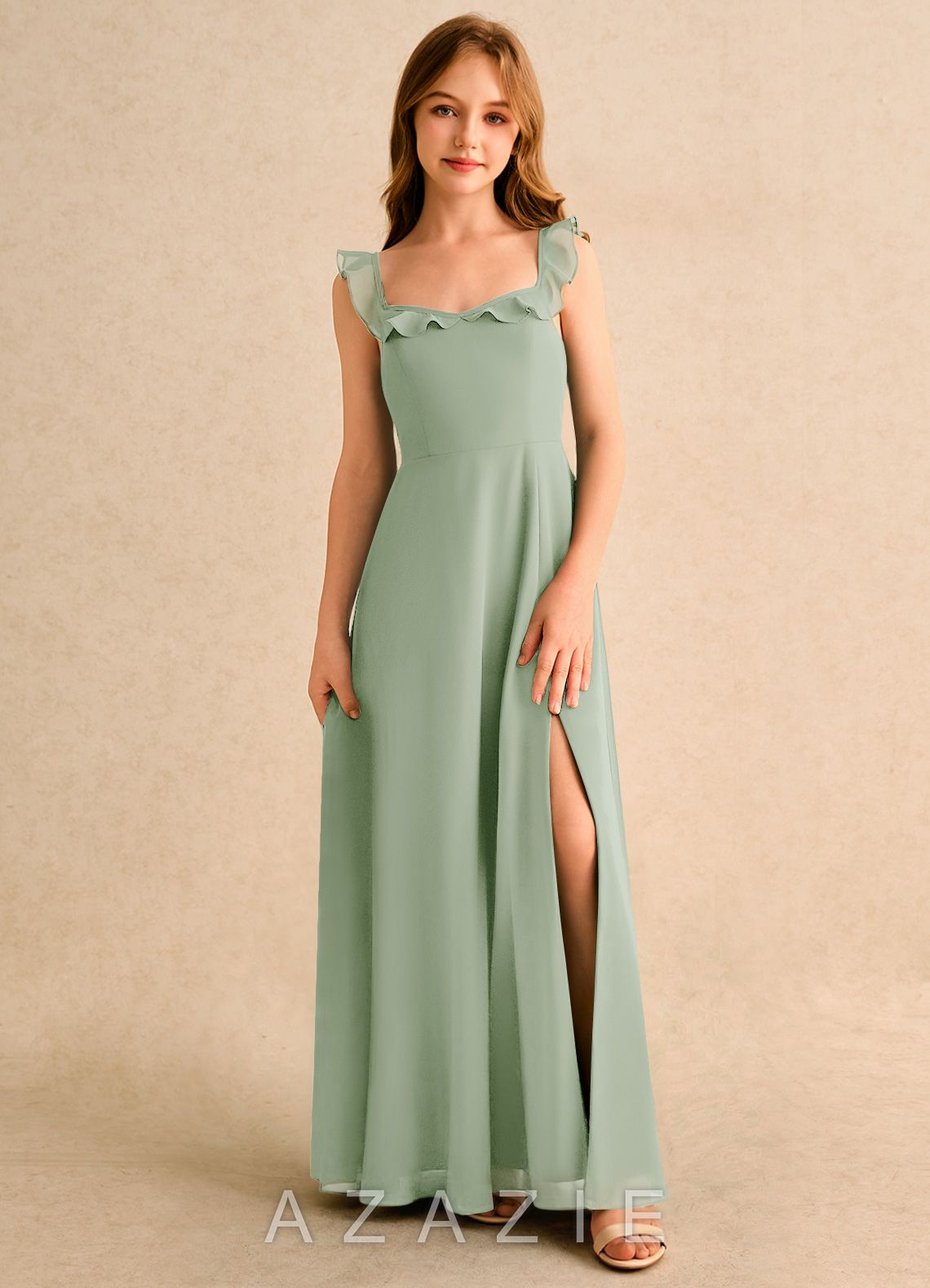 Azazie Chip Girls Formal Dusty Sage A-Line Sleeveless Chiffon Dress