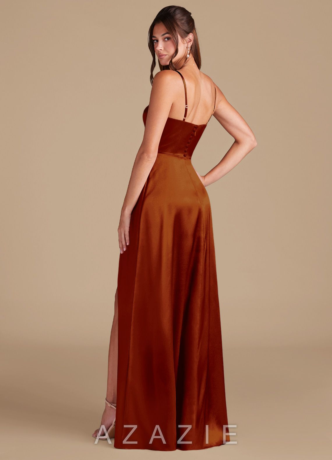 Azazie Halsey Auburn A-Line Side Slit Metallic Satin Dress auburn