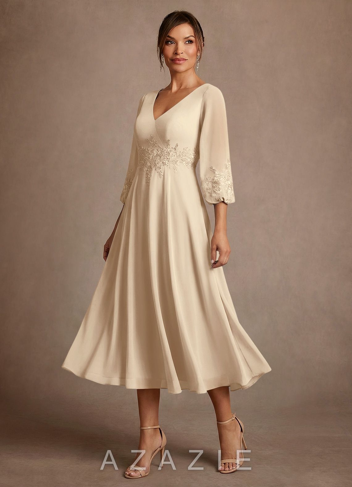 Azazie Ana Champagne A-Line Lace Chiffon Dress champagne