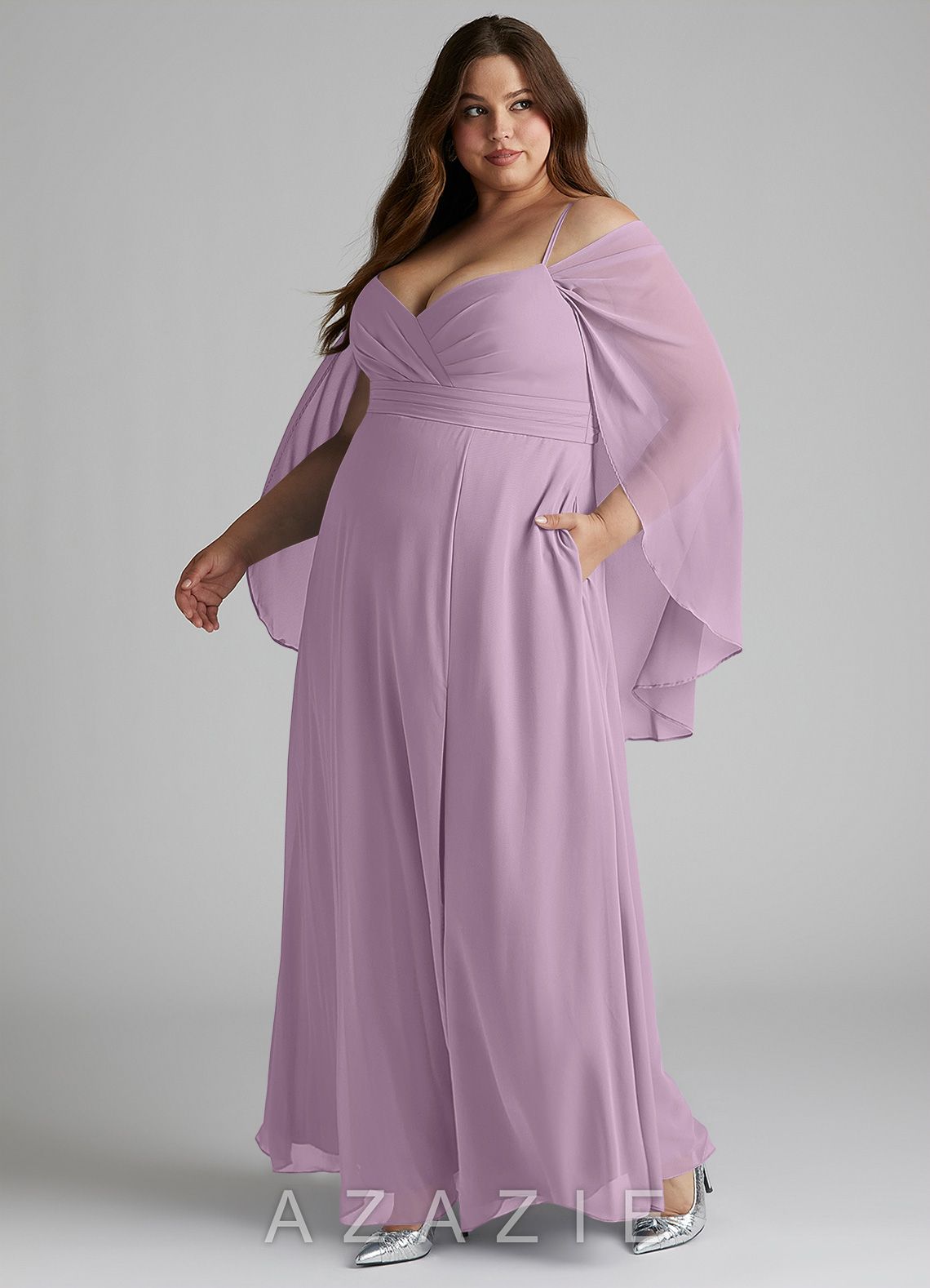 Azazie Cienna Wisteria A-Line Long Sleeve Chiffon Dress wisteria