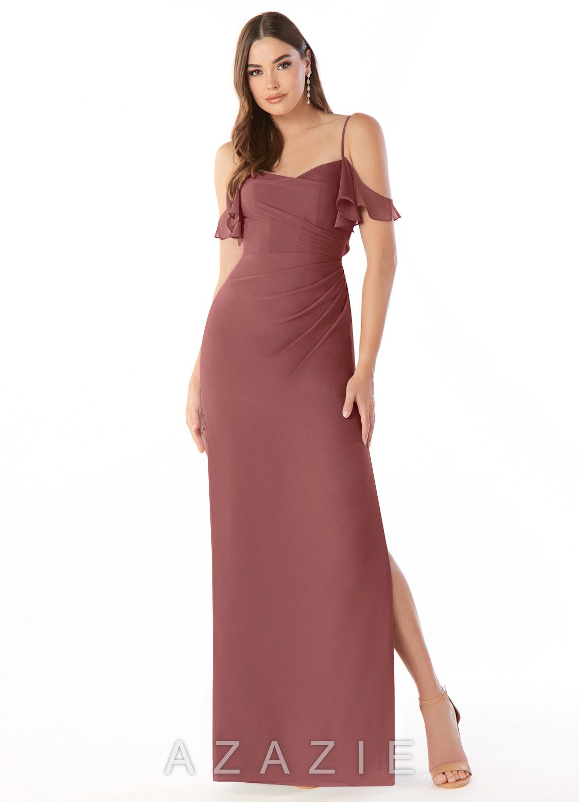 Azazie Emeralda Amethyst Sheath Off the Shoulder Chiffon Dress amethyst