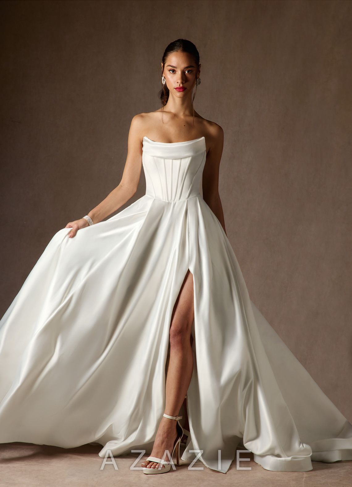 Azazie Katalina Diamond White Ball-Gown Strapless Satin Dress diamond_white