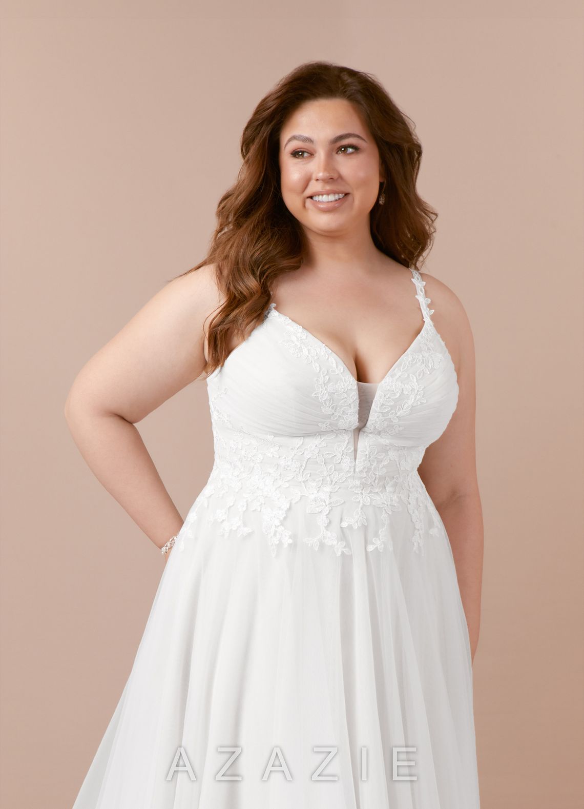 Azazie Devi Wedding Dress Diamond White A-Line V-Neck Lace Tulle Dress diamond_white
