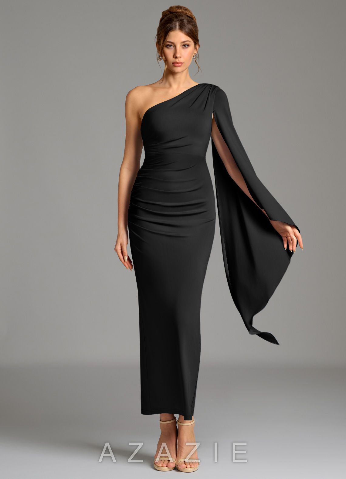 Azazie Jana Black Sheath Long Sleeve Premium Stretch Jersey Dress black
