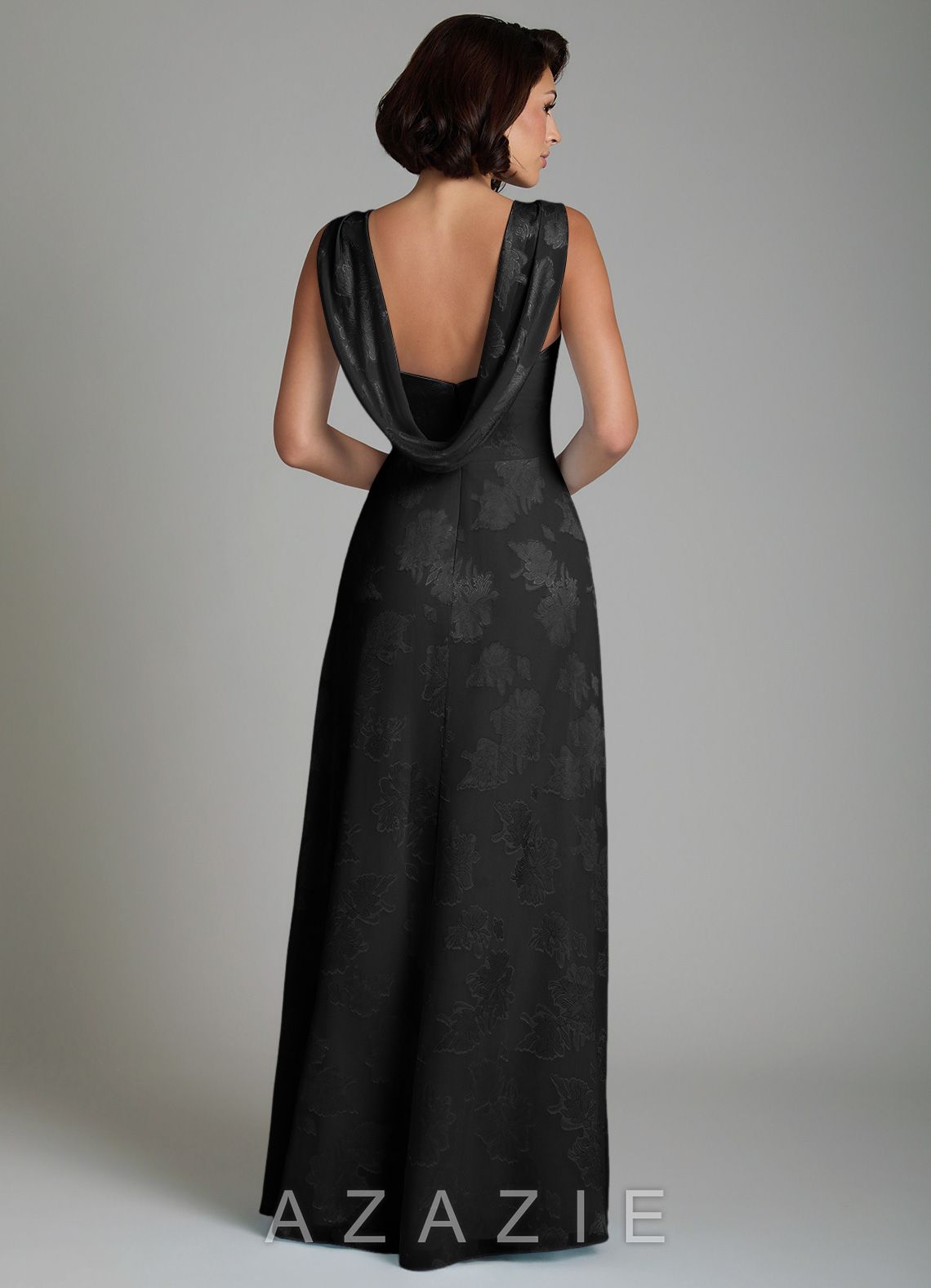 Azazie Aria Black A-Line Pleated Floral Jacquard Burnout Dress black