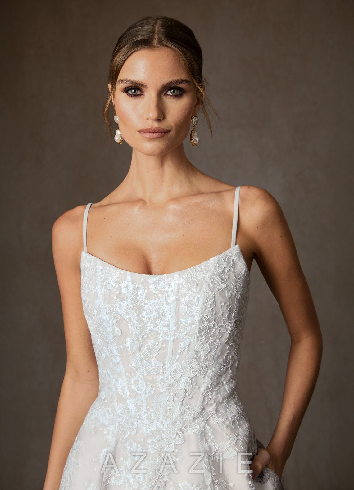 Azazie Layla Diamond White Ball-Gown Strapless Lace Dress