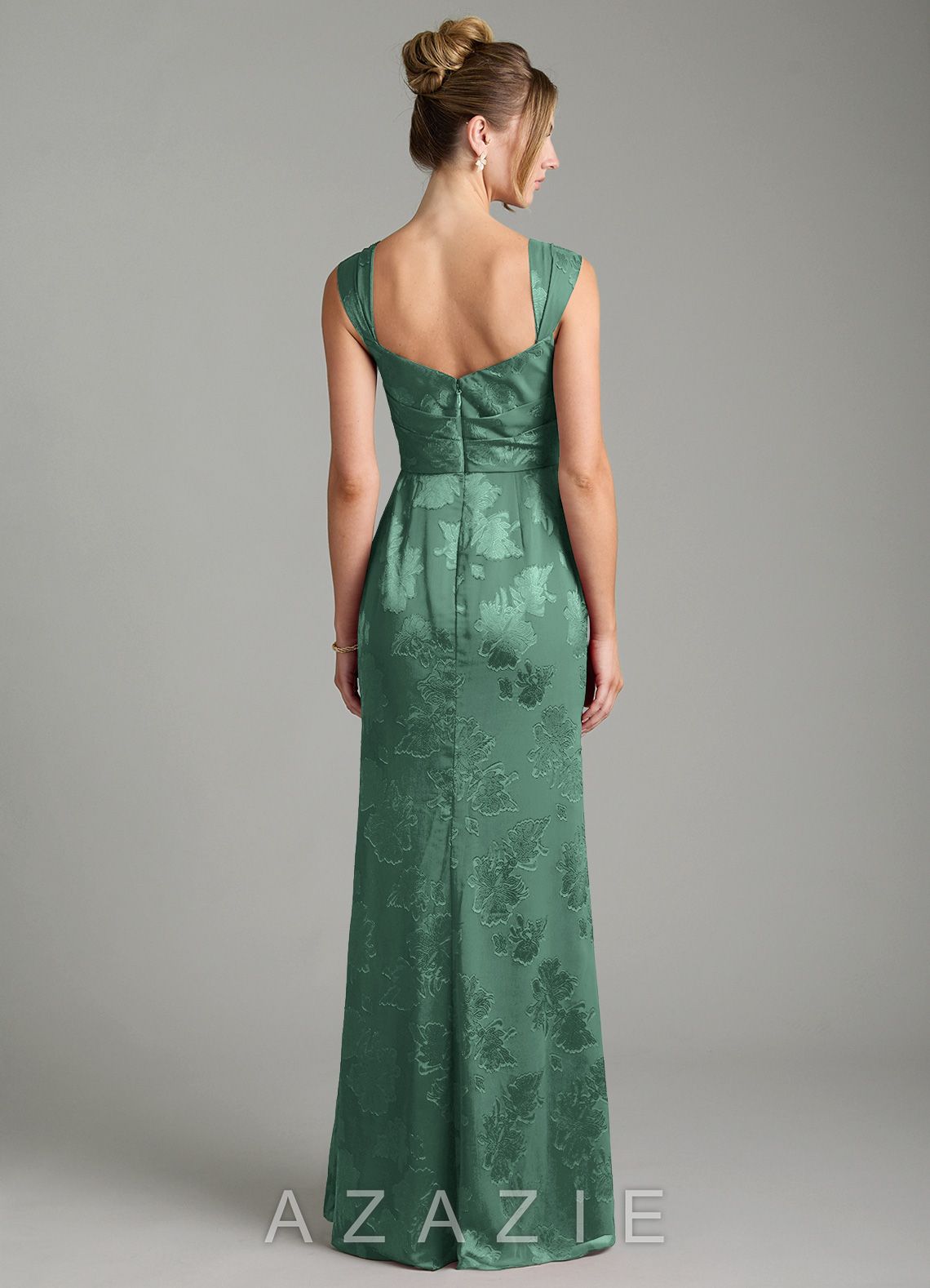 Azazie Kaelis Eucalyptus Mermaid Pleated Floral Jacquard Burnout Dress eucalyptus