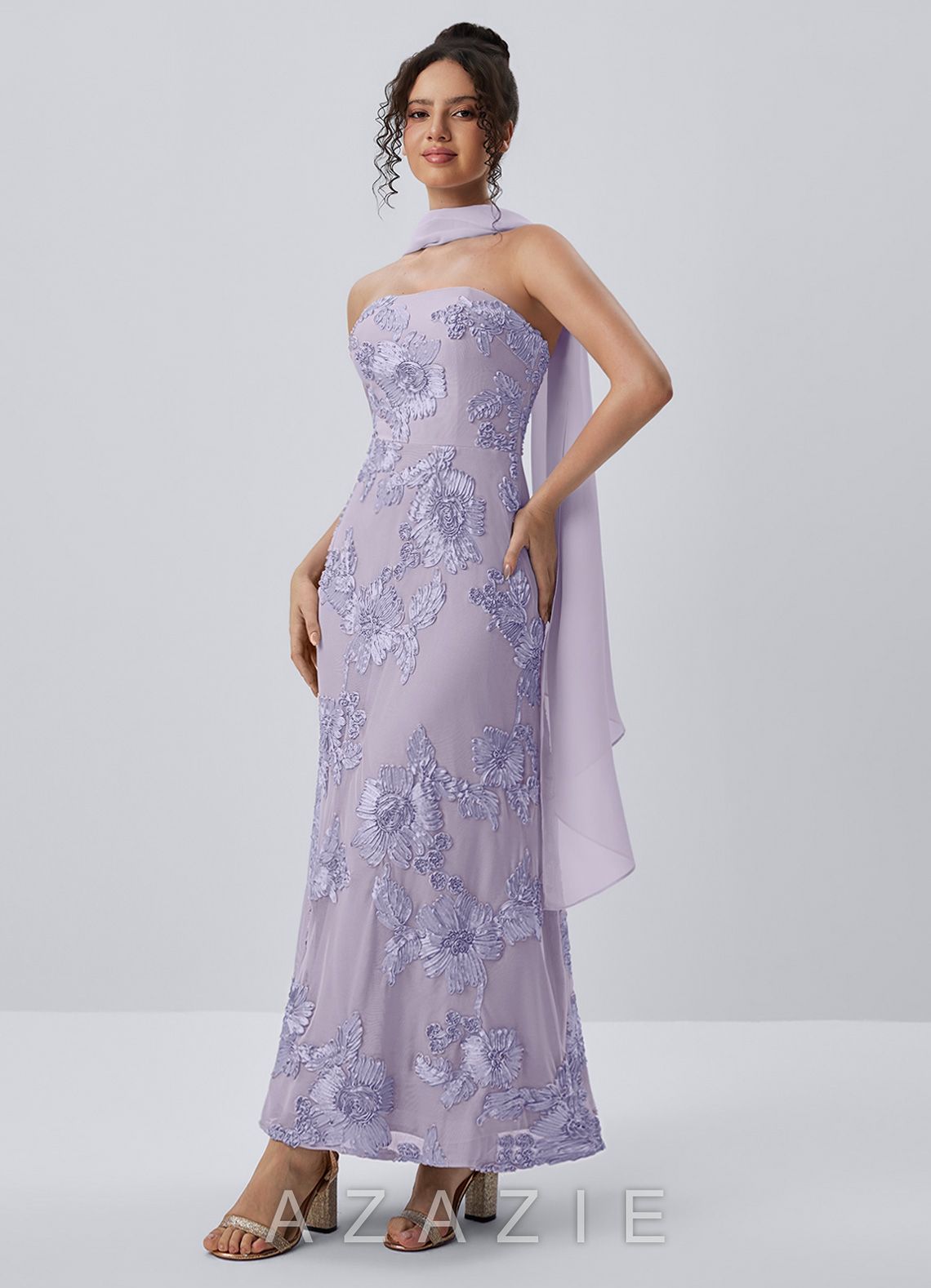 Esperanza Pale Purple Strapless 3D Floral Applique Maxi Dress