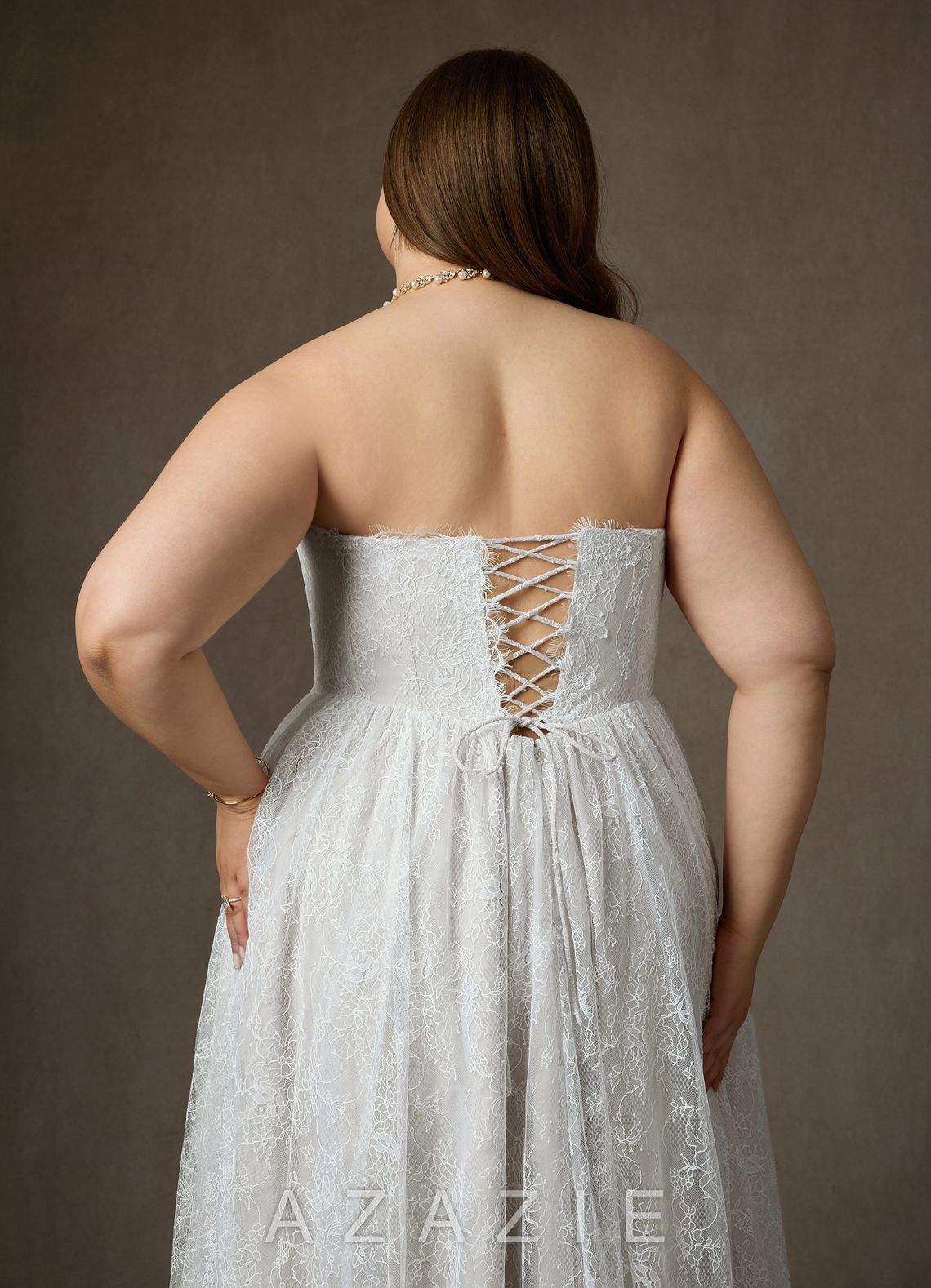 Azazie Lorena Diamond White A-Line Strapless Lace Dress