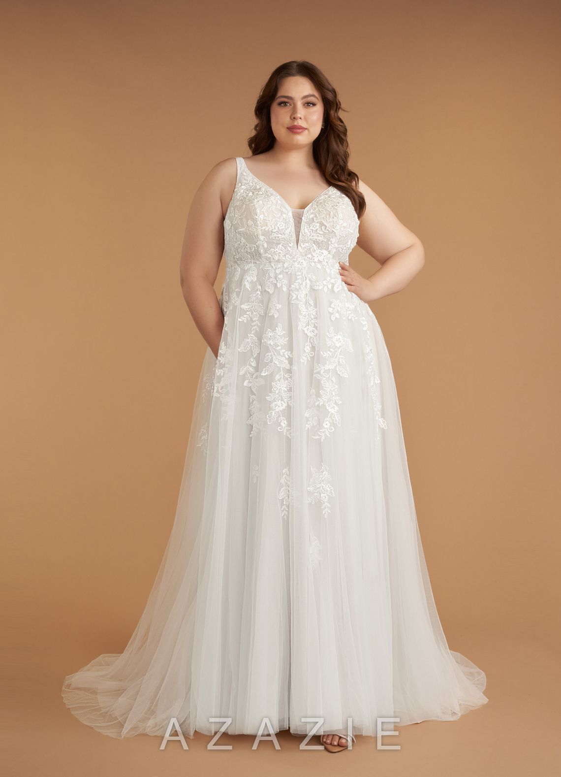 Azazie Sorella Wedding Dress Diamond White A-Line V-Neck Sequins Tulle Dress