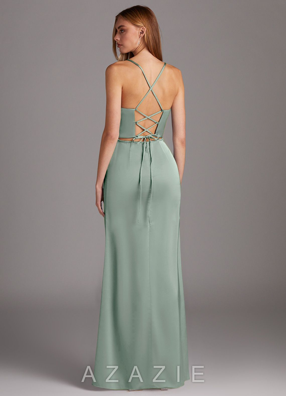 Azazie Brookelle Agave Sheath Sweetheart Corset Stretch Satin Dress agave