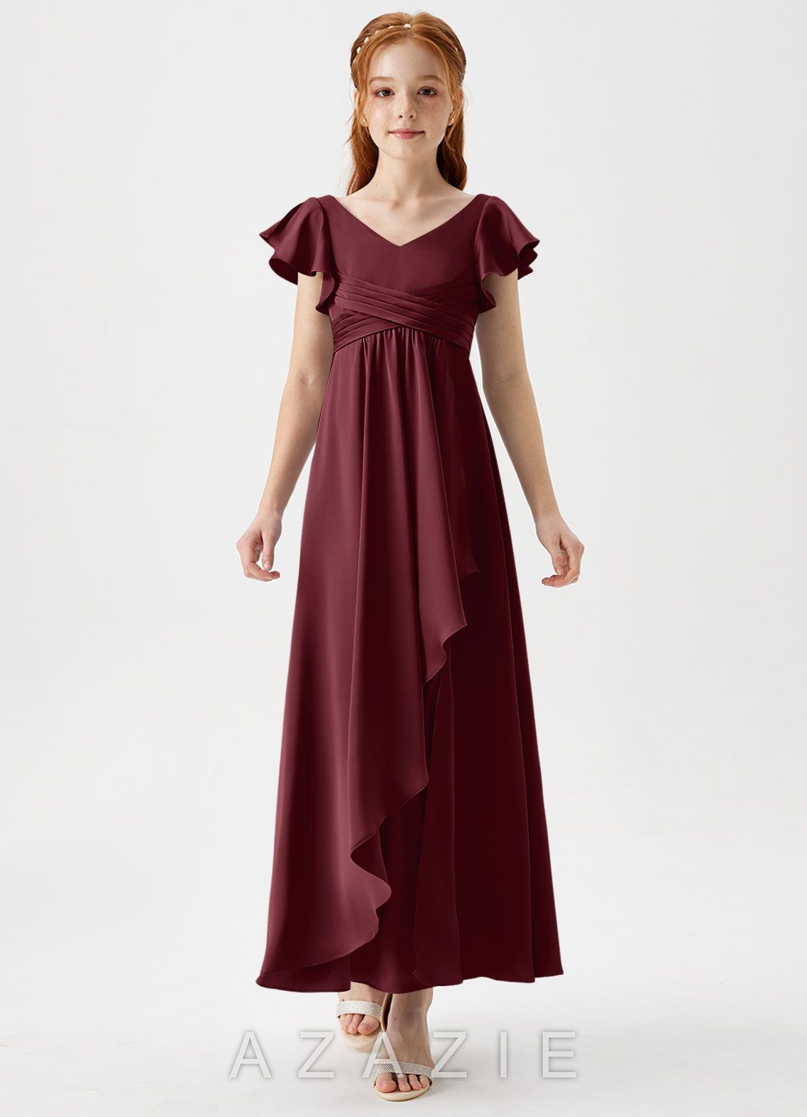 Azazie Omari Junior Cabernet A-Line Pleated Stretch Satin Dress cabernet