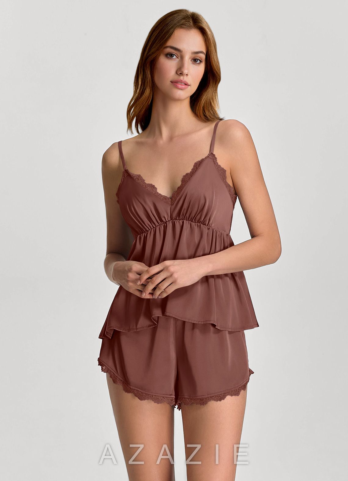 Satin Lace Neckline Ruffled‑Bust Cami & Shorts Pajama Set  espresso
