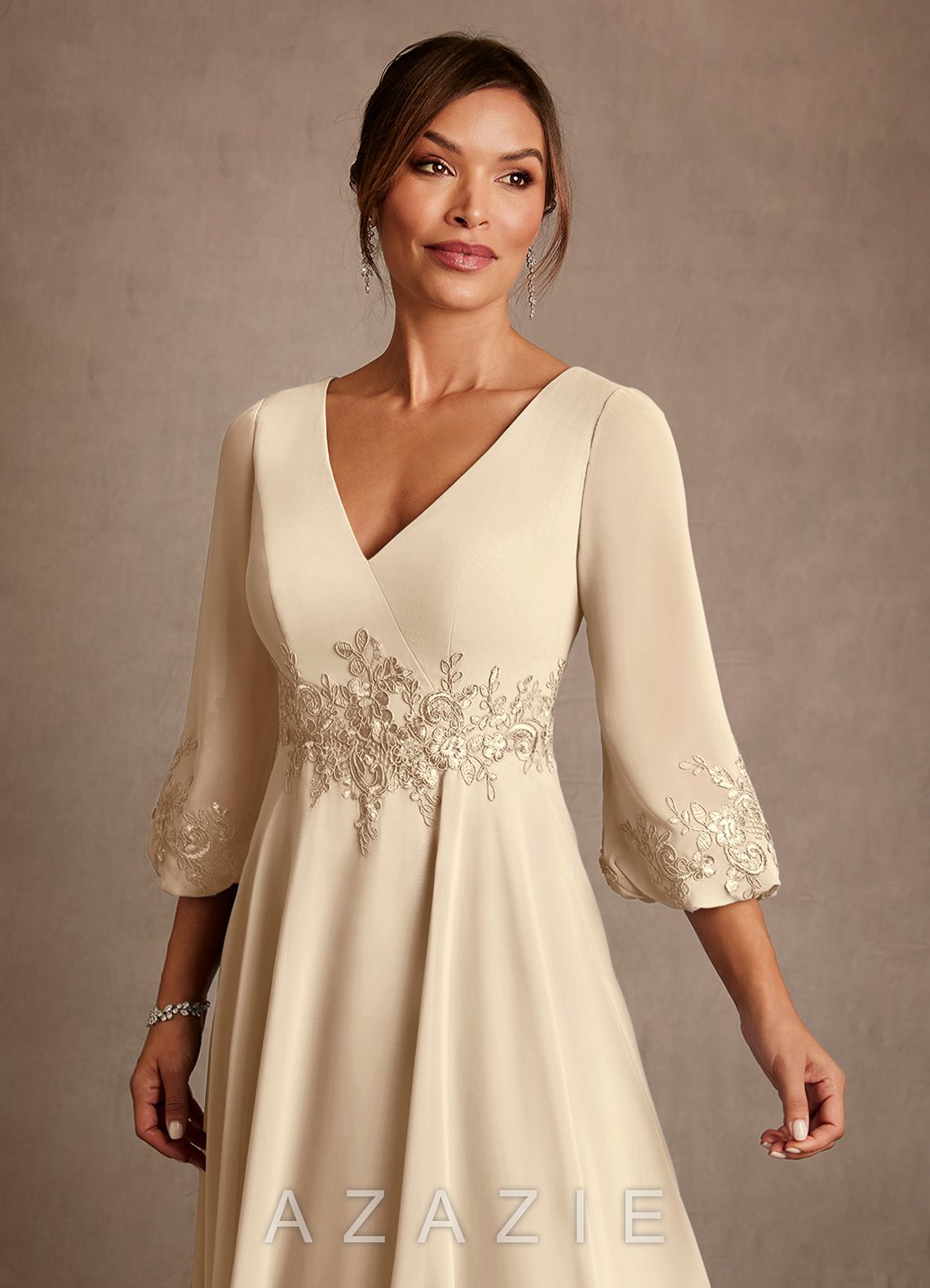 Azazie Ana Champagne A-Line Lace Chiffon Dress champagne