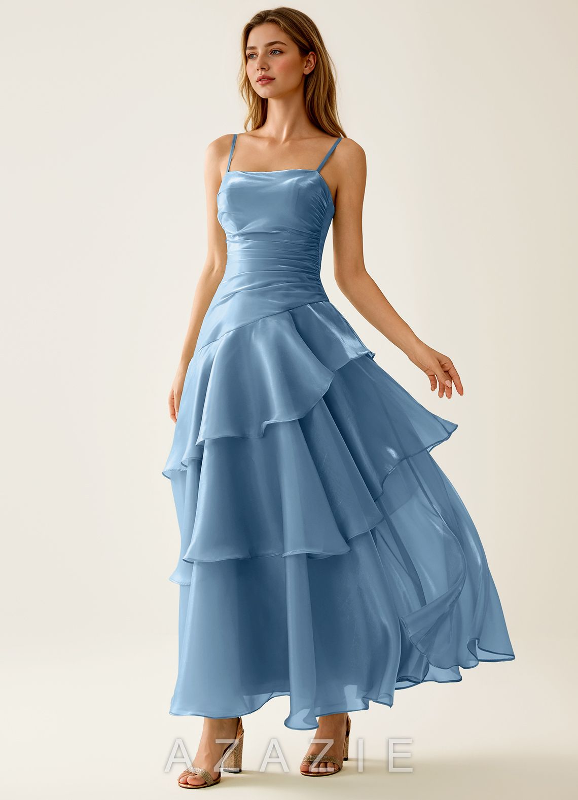 Nicola Mint Blue Satin Ruffled A-line Vacation Midi Dress