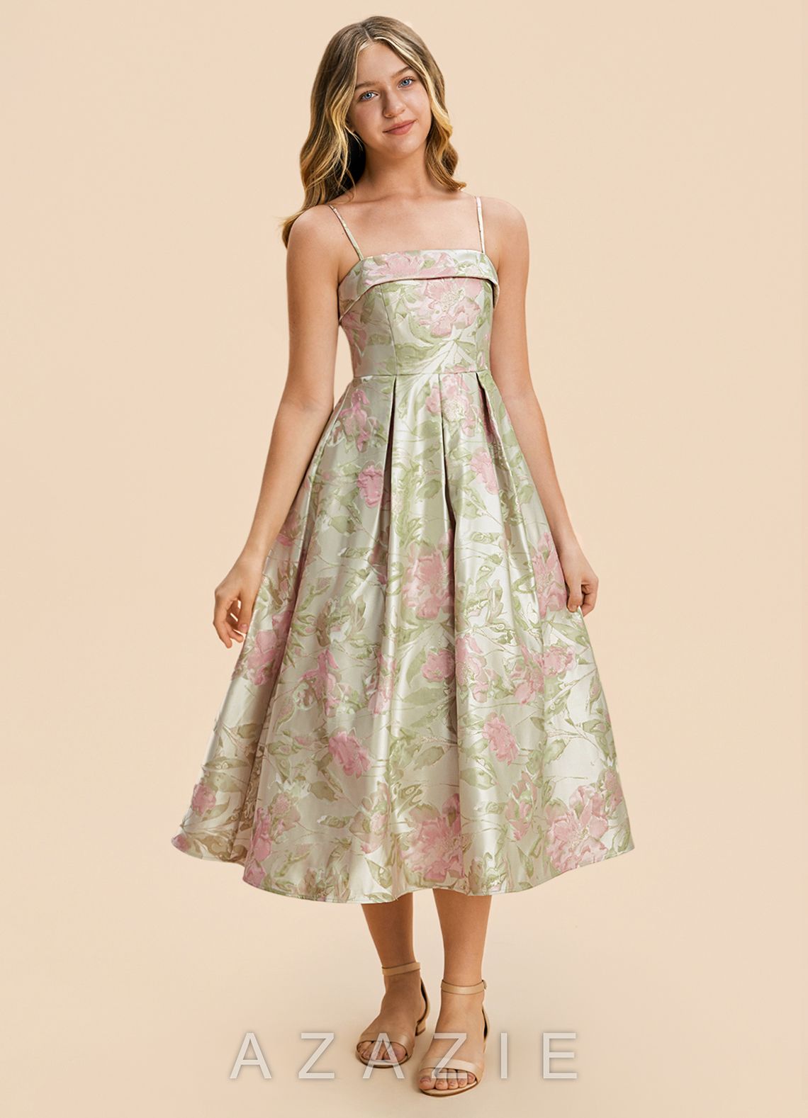 Azazie Penny Junior Formal Dress  sp_blush_floral_green_#bg134308