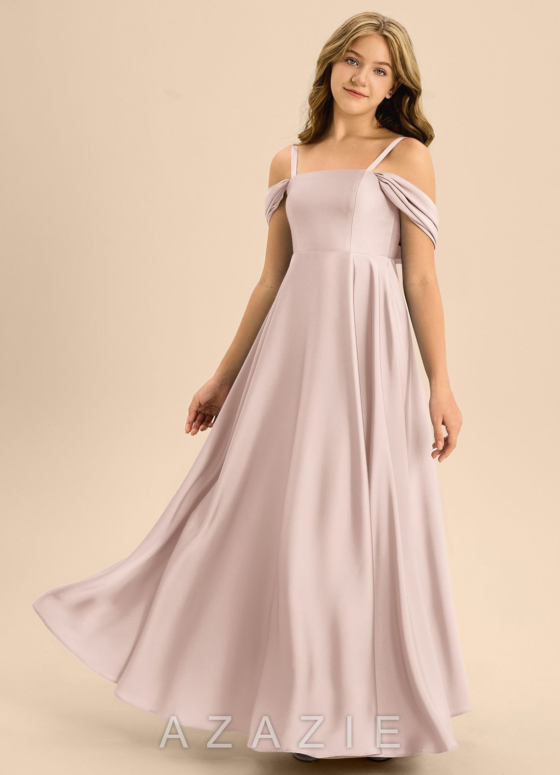 Azazie Rowena Junior Blushing Pink A-Line Bow Stretch Satin Dress blushing_pink