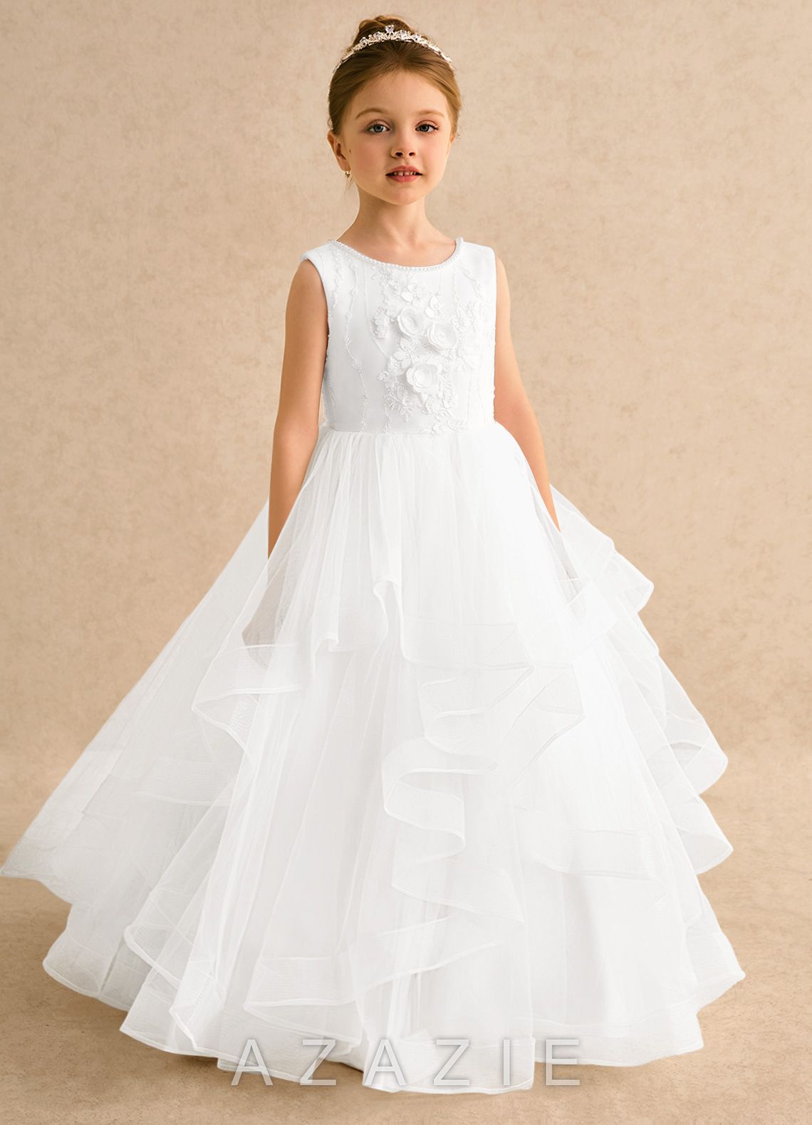 Azazie Claire Ivory Ball-Gown Beaded Tulle Dress
