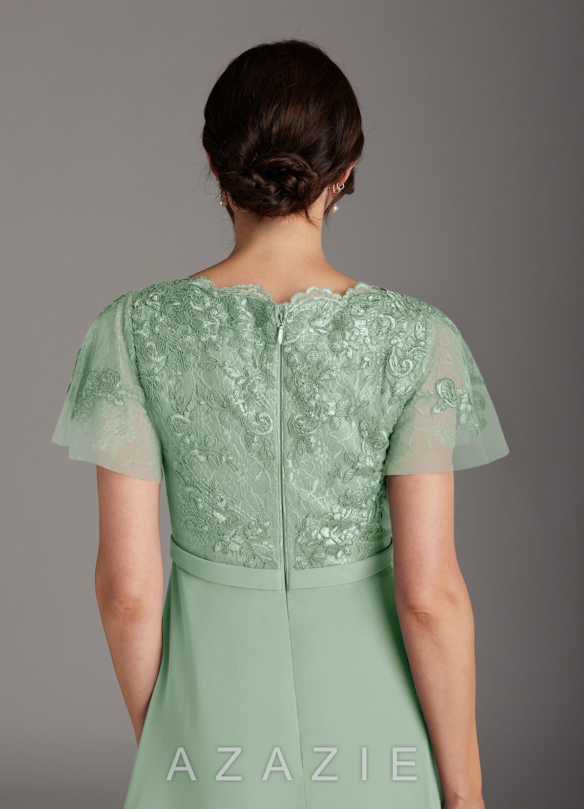 Azazie Singer Agave A-Line V-Neck Lace Chiffon Dress agave