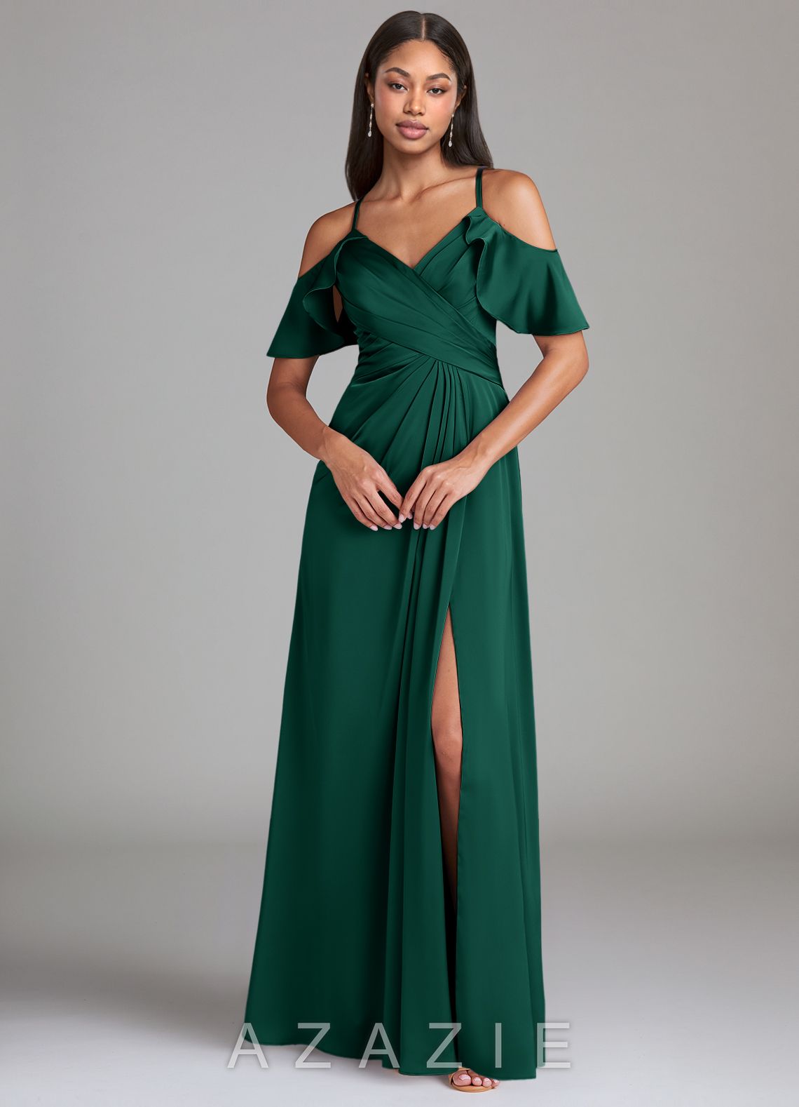 Azazie Dakota Emerald A-Line Off the Shoulder Stretch Satin Dress emerald