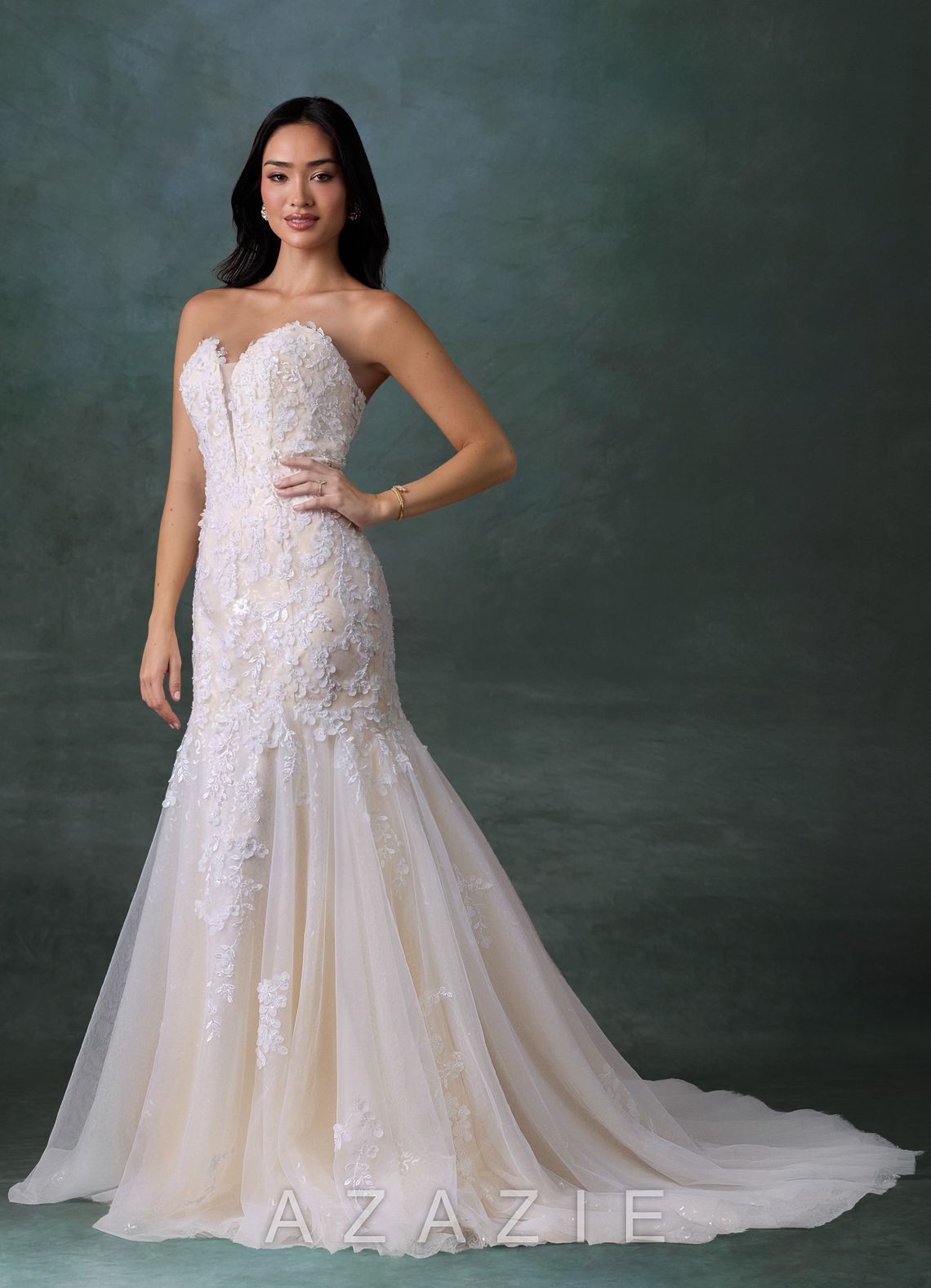 Azazie Chelley Diamond White Champagne Mermaid Strapless Tulle Dress diamond_white/champagne