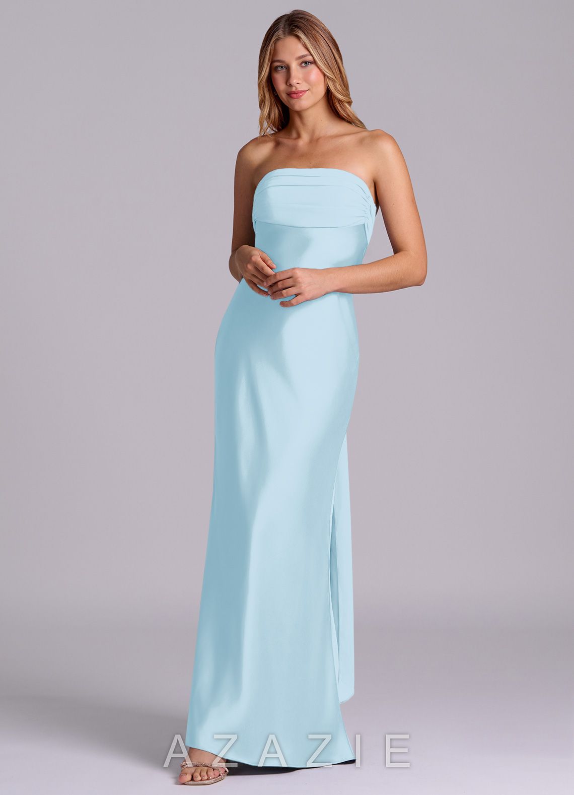 Azazie Ailanie Sky Blue Sheath Strapless Stretch Satin Dress sky_blue